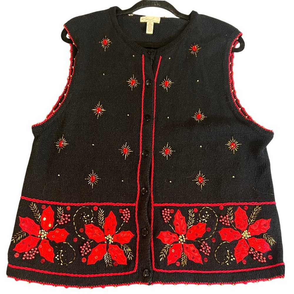 Vintage Christmas Poinsettia Sweater Vest Beaded Sequin Applique Holiday XL